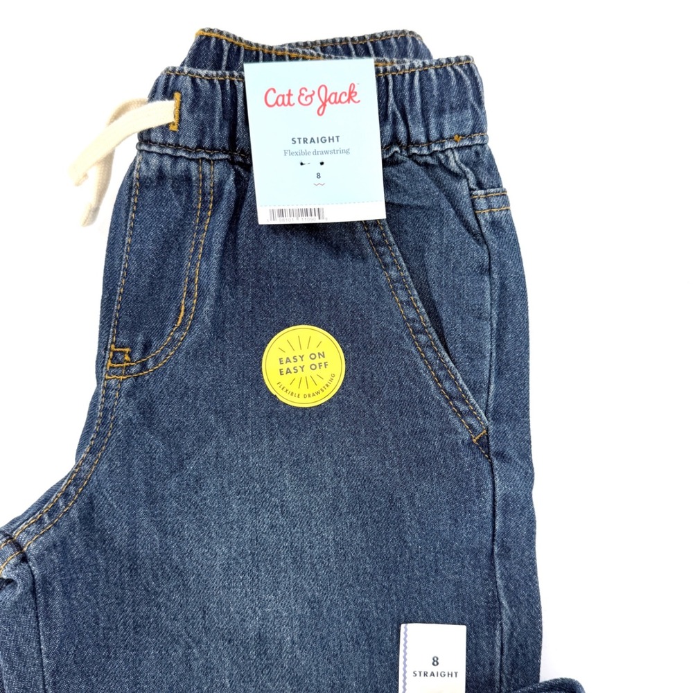 Cat & Jack Straight Jeans Girls Size 8 Dark Wash NEW Flexible Drawstring Denim - Picture 3 of 12